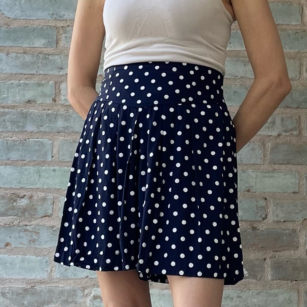 Vintage Pleated Shorts 80s Navy Blue Polka Dot High Rise Split Skirt A Byer S